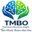TMBO logo: blue and green brain held by two hands above the words TMBO, Psychiatry. Education. Insight. Two Minds, Better than One