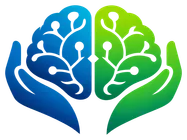 TMBO brain-and-hands mark: a blue and green brain held by two hands